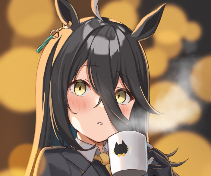 Manhattan Café from Uma Musume: Pretty Derby drinking from a mug