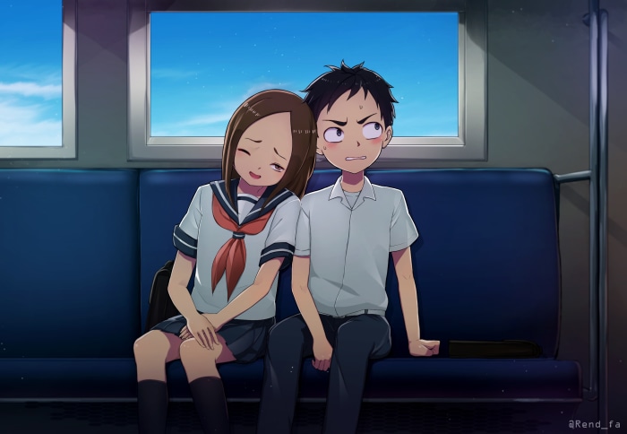 Takagi and Nishikata from Karakai Jouzu No Takagi-san on a train