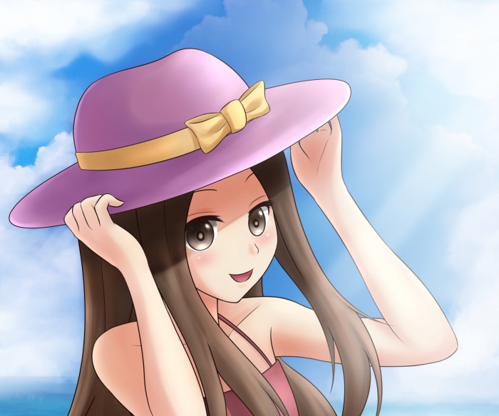 Takagi from Karakai Jouzu No Takagi-san wearing a sun hat