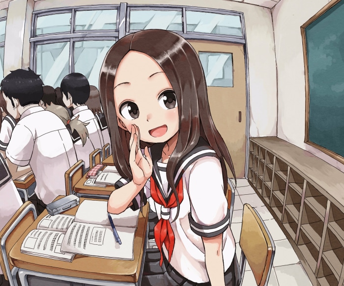 Takagi from Karakai Jouzu No Takagi-san in a classroom
