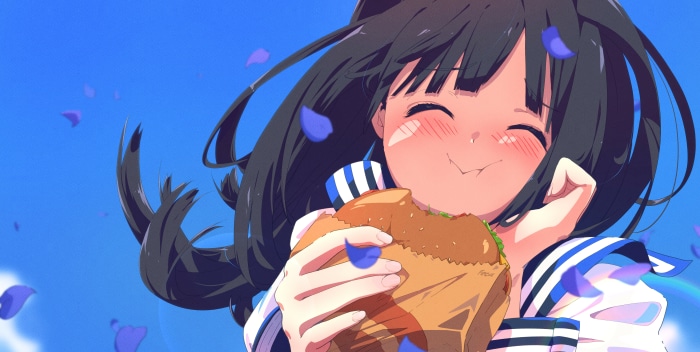 Komichi Akebi eating a burger