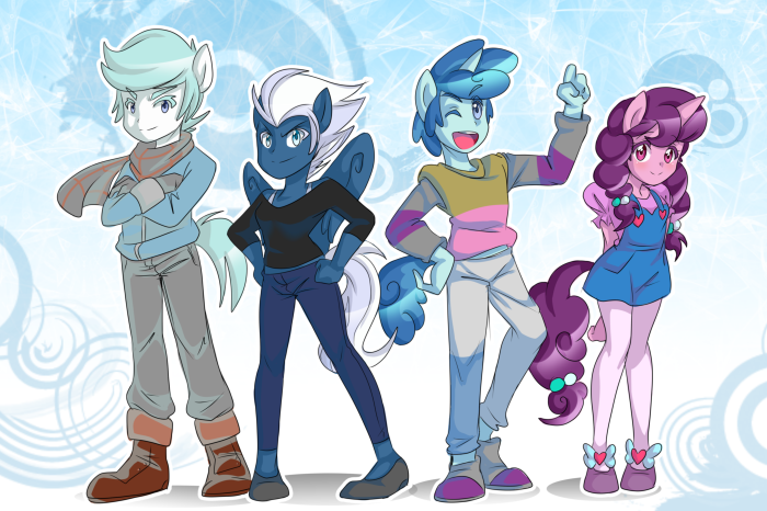 Humanized Sugar Belle, Night Glider, Double Diamond, and Party Favor from My Little Pony