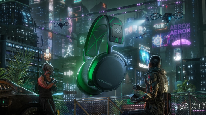 Steelseries Aerox headphones in a futuristic city