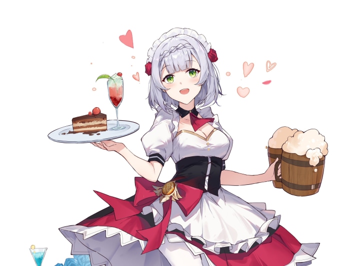 Noelle from Genshin Impact with drinks and cake