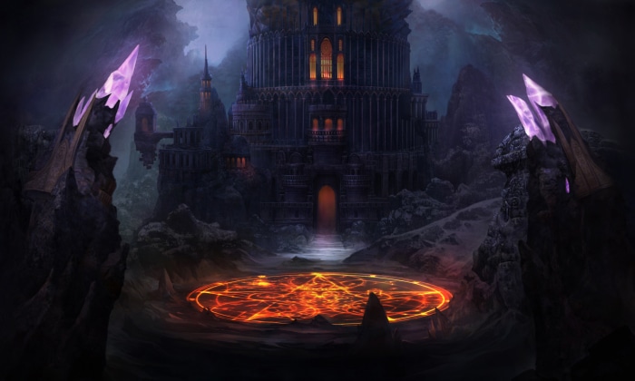 Fantasy castle with magic circle and crystals
