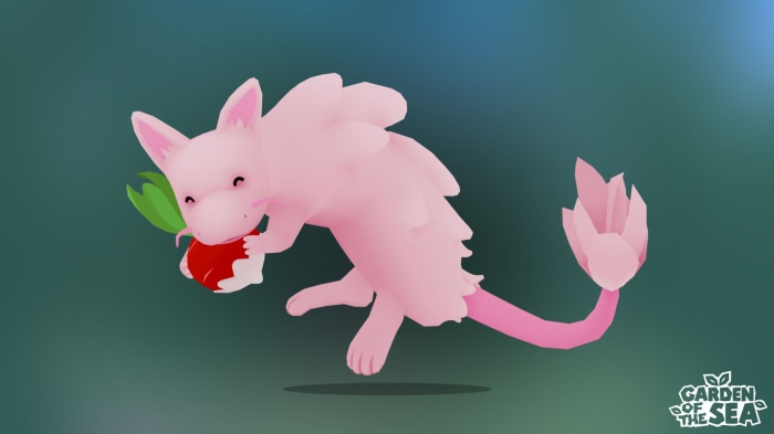 Pink creature holding a radish from Garden of the Sea