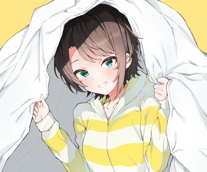 Oozora Subaru from Hololive peeking from under a blanket