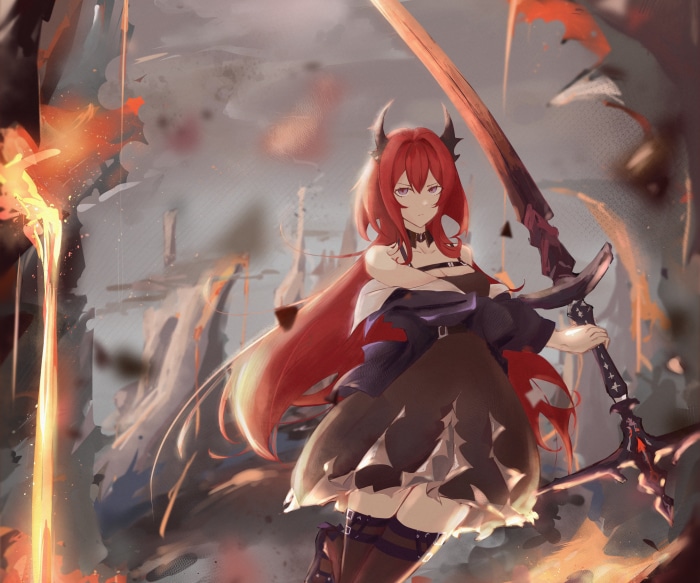 Surtr from Arknights with a sword