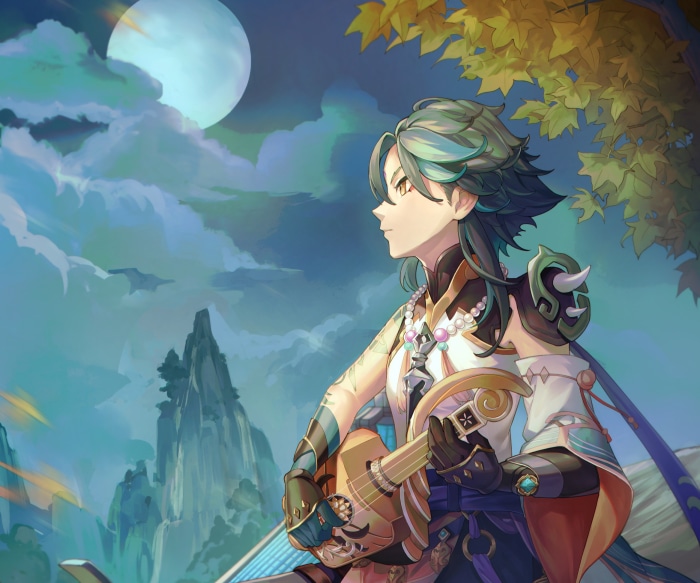 Xiao from Genshin Impact playing a lute