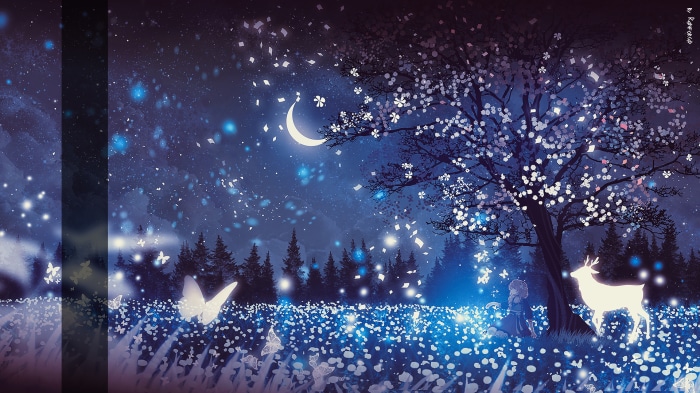 Magical Night Scene with Deer and Butterflies