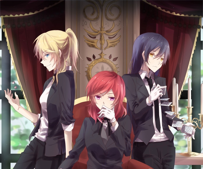 Eri Ayase, Maki Nishikino, and Umi Sonoda from Love Live! School Idol Festival