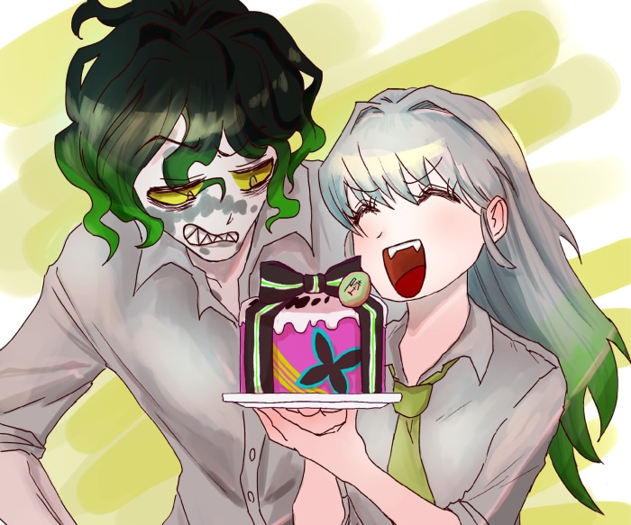 Daki and Gyutaro from Demon Slayer holding a cake