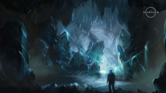 Starfield cave with glowing crystals and a person