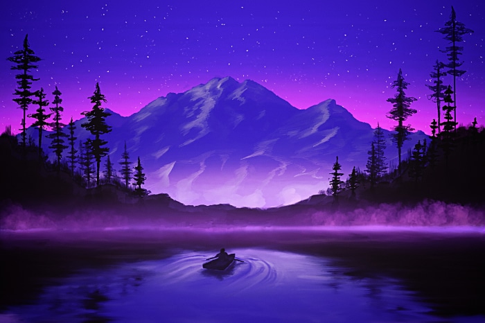 Man in a boat on a lake with mountains and stars
