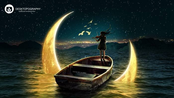Girl playing violin in a boat under a crescent moon