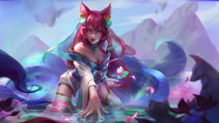Ahri from League of Legends in a mystical water setting