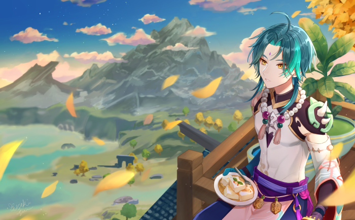 Xiao from Genshin Impact eating tofu with mountains in background