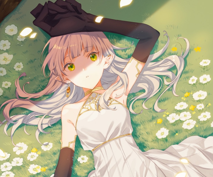 Anime girl with white hair lying on grass