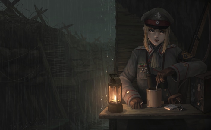 Woman in military uniform in a trench