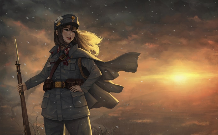 Woman in military uniform holding a rifle at sunset