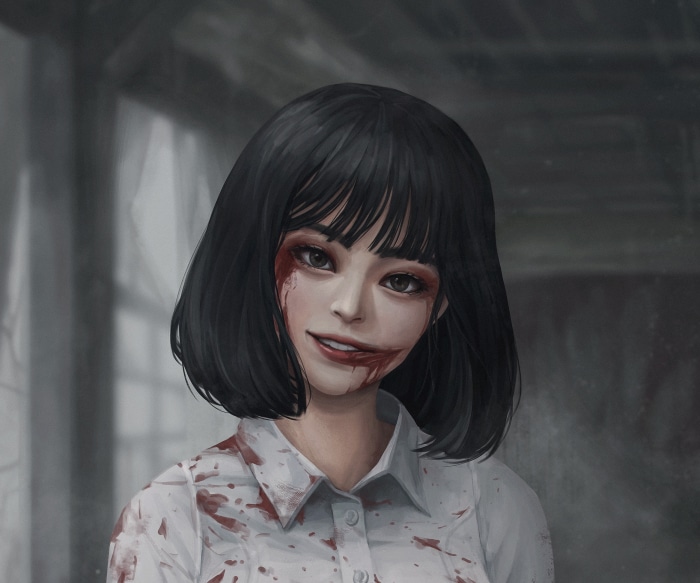 Girl with black hair covered in blood