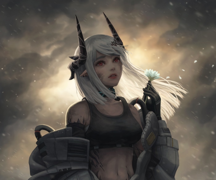 Mudrock from Arknights holding a white flower