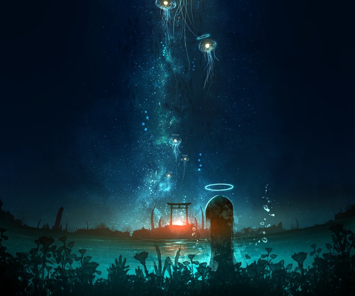 Jellyfish in a starry night sky over a torii gate