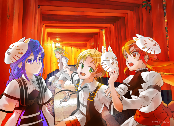 Anime characters with fox masks in Fushimi Inari Shrine
