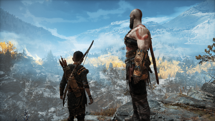 Kratos and Atreus from God of War overlooking a snowy landscape