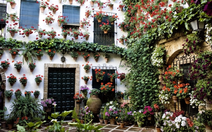 Courtyard decorated with potted flowers in Cordoba, Spain