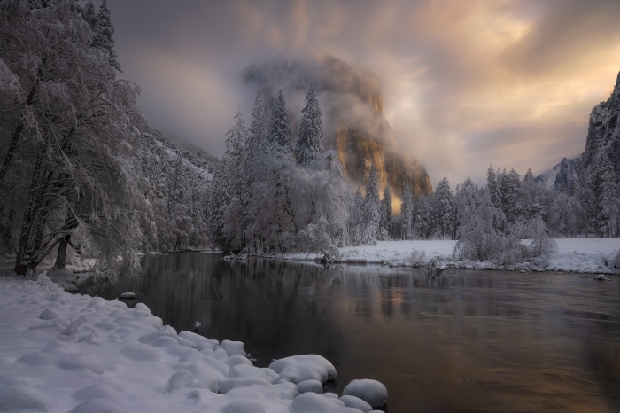 Winter Merced River and El Capitan in Yosemite