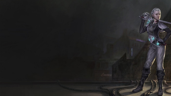 Woman with sword in futuristic city