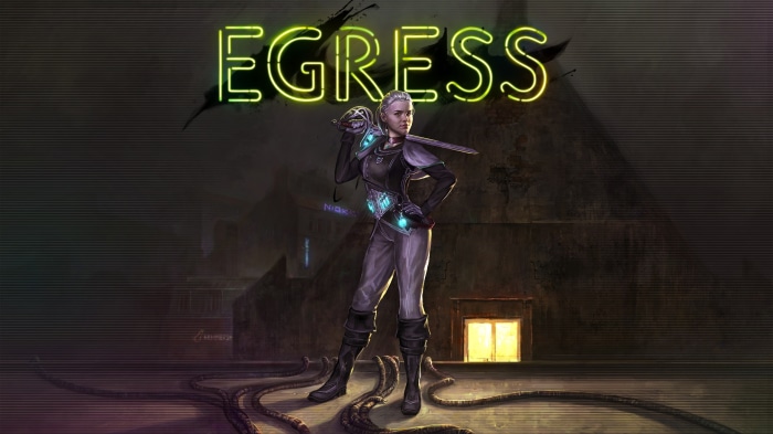 Egress Neon Sign with Woman Holding Sword