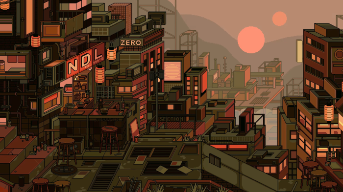 Pixel art cyberpunk city with neon signs