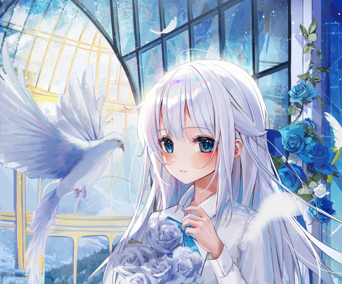Girl with white hair and blue eyes holding roses