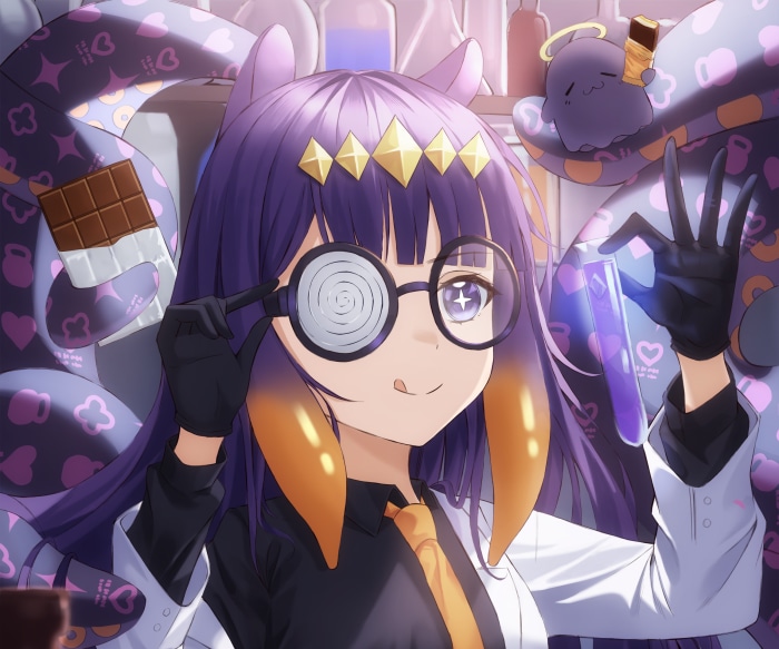Ninomae Ina'nis from Hololive holding chocolate and test tube