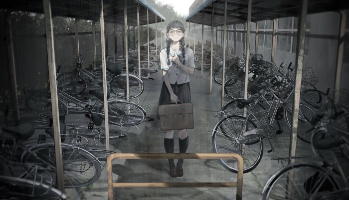 Girl in School Uniform with Briefcase in Bicycle Parking