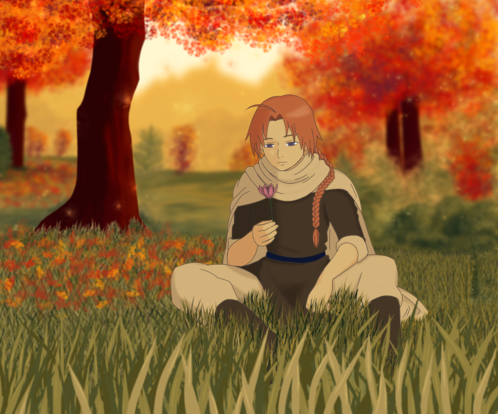 Kamui from Gintama sitting in a field with a flower