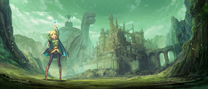 Cayna from In The Land Of Leadale with a giant turtle and castle