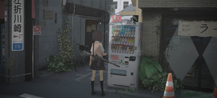 Girl with rifle near vending machine