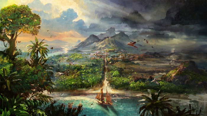 Anno 1800 landscape with sailing ship and mountains