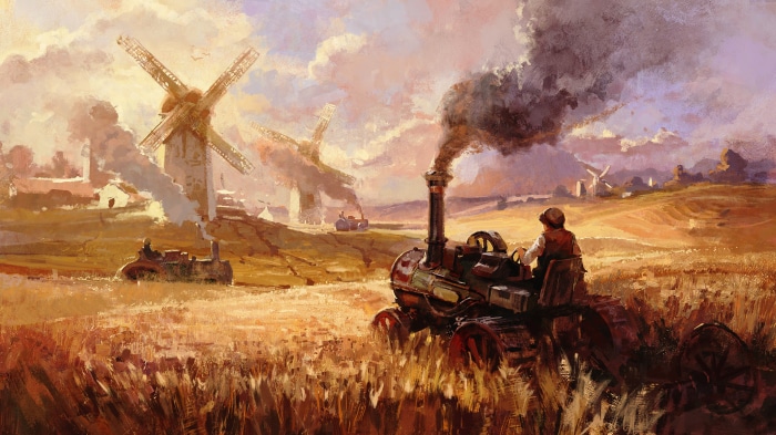 Steam-powered tractor in a wheat field with windmills