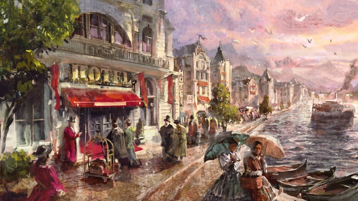 Anno 1800 painting of a waterfront hotel and street scene