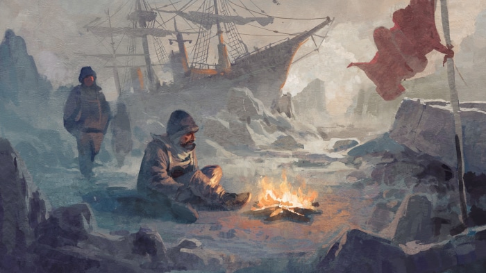 Two explorers by a campfire with a ship in Anno 1800 4K