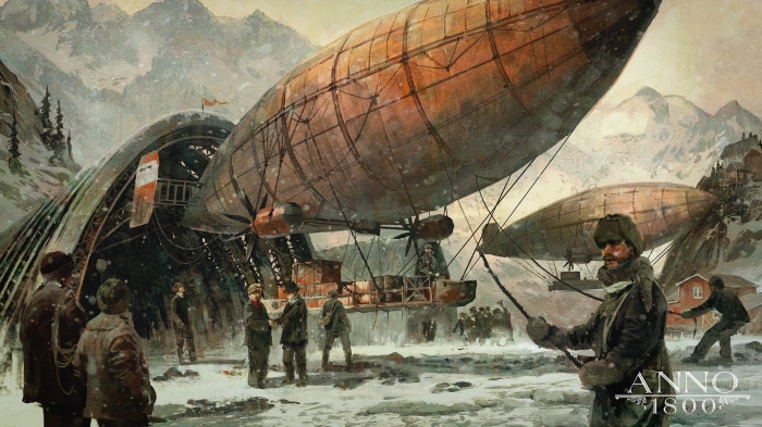 Anno 1800 airships in a snowy mountain landscape