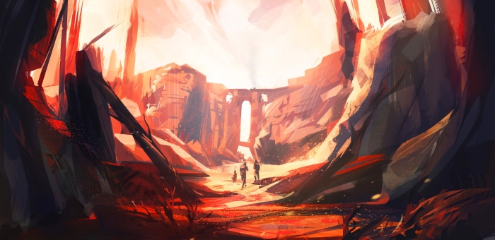 People walking through a canyon towards a bridge