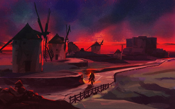 Person walking towards windmills and castle at sunset 4K