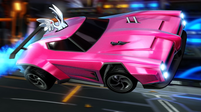 Pink Rocket League car with wings topper