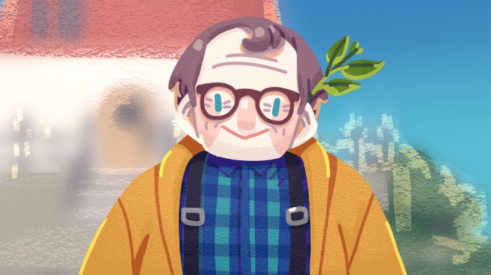 Elderly man with glasses and laurel branch