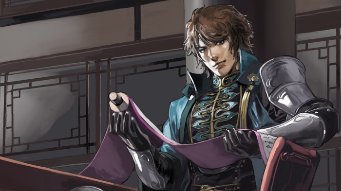 Man in ornate blue and gold attire holding a scroll